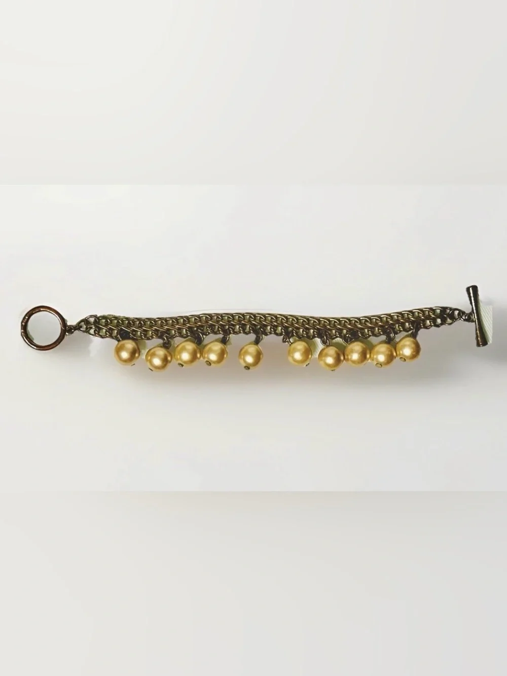 Vintage AVON Goldtone Bracelet Champagne Faux Pearl Dangle with Toggle Clasp 7